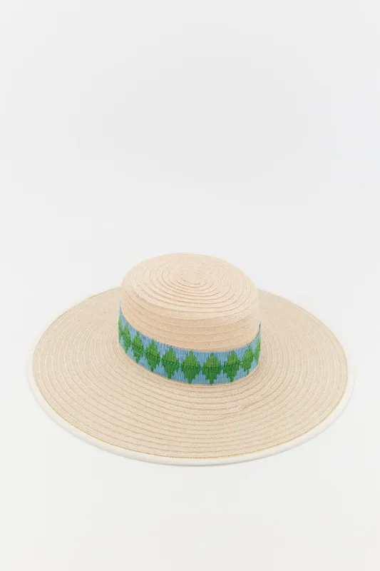 Natural straw hat with celadon band made by Annie