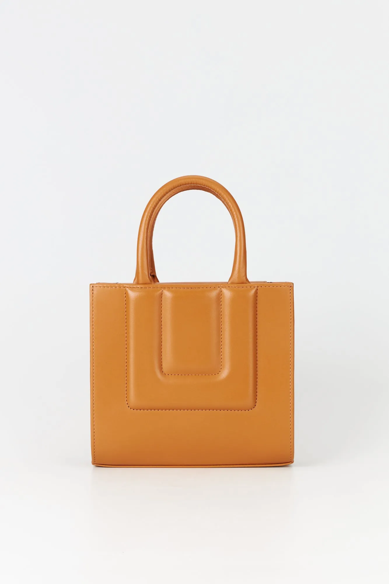 Tabacco leather structured mini tote sold by DESTREE