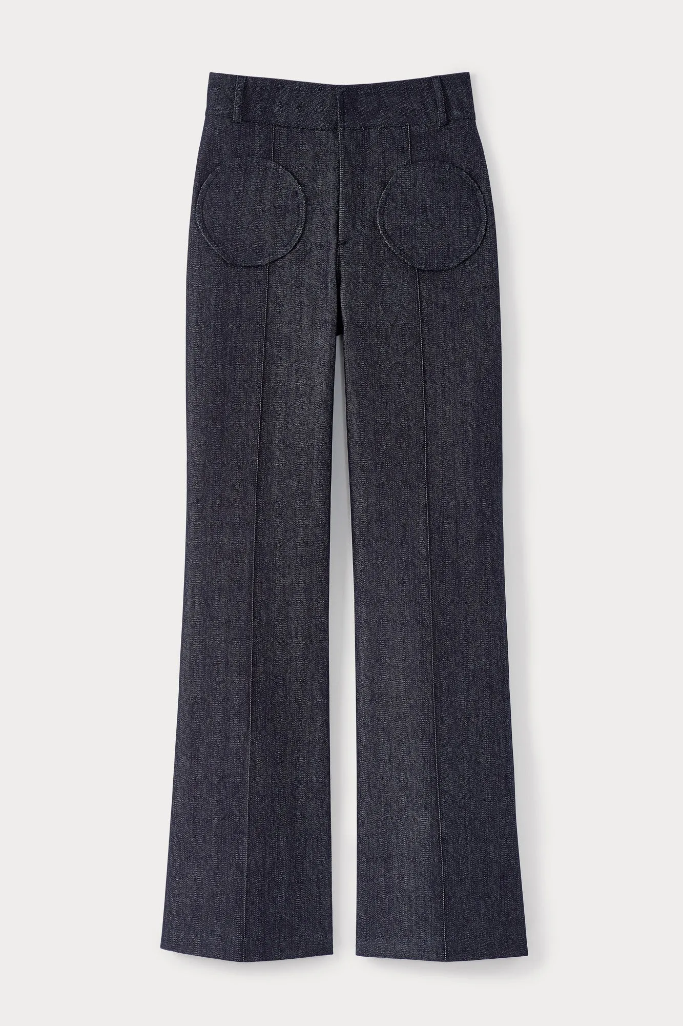Navy blue denim straight pants with circular pocket details sold by DESTREE