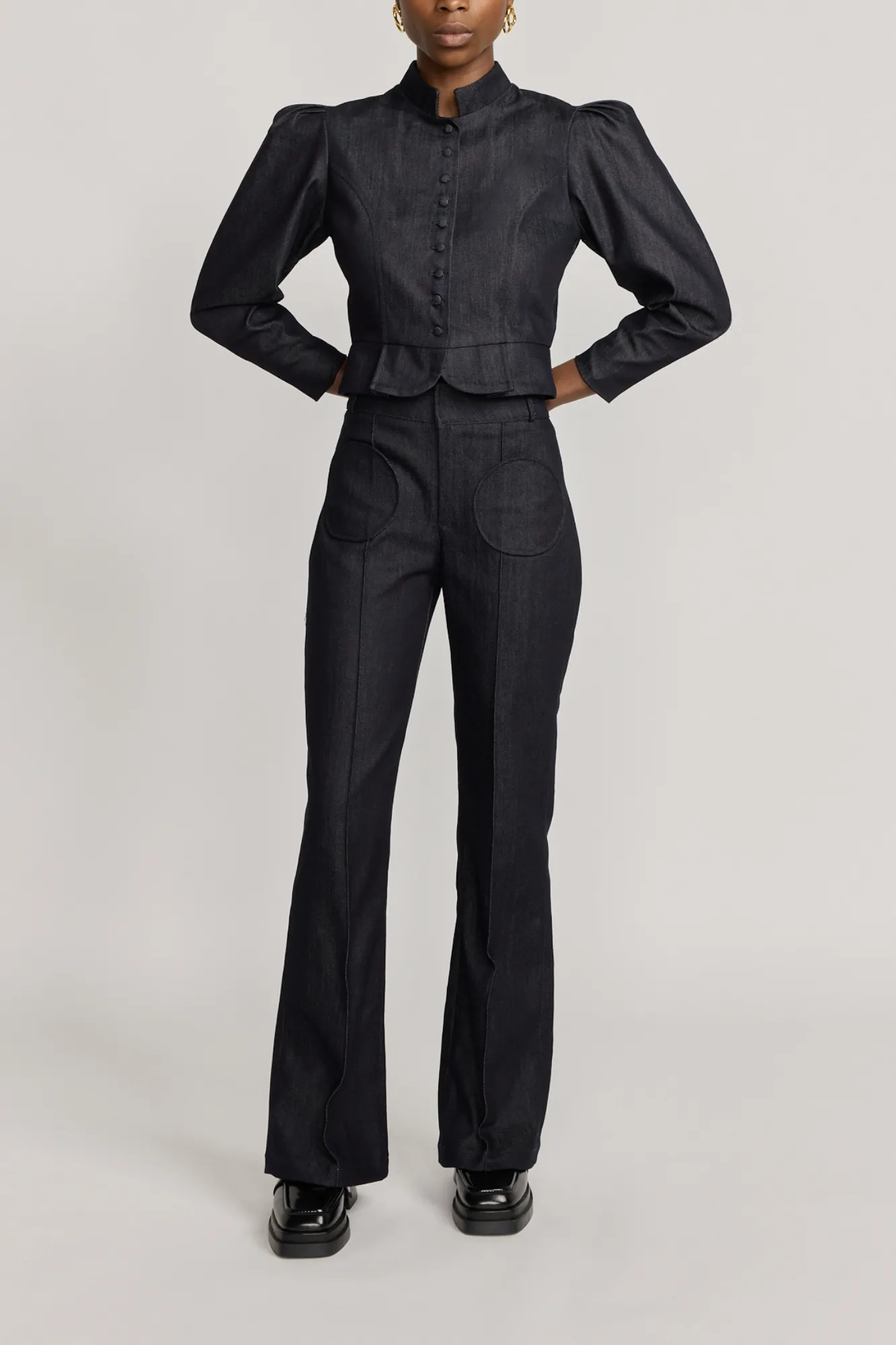 Navy blue denim straight pants with circular pocket details sold by DESTREE product image thumbnail 2