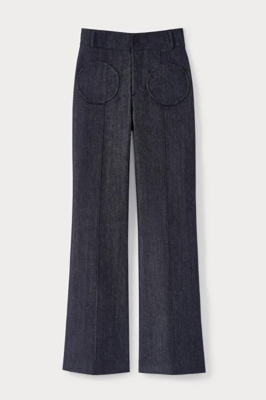 DARK DENIM Black Flared Pants with Circular Pocket Detail sold by DESTREE