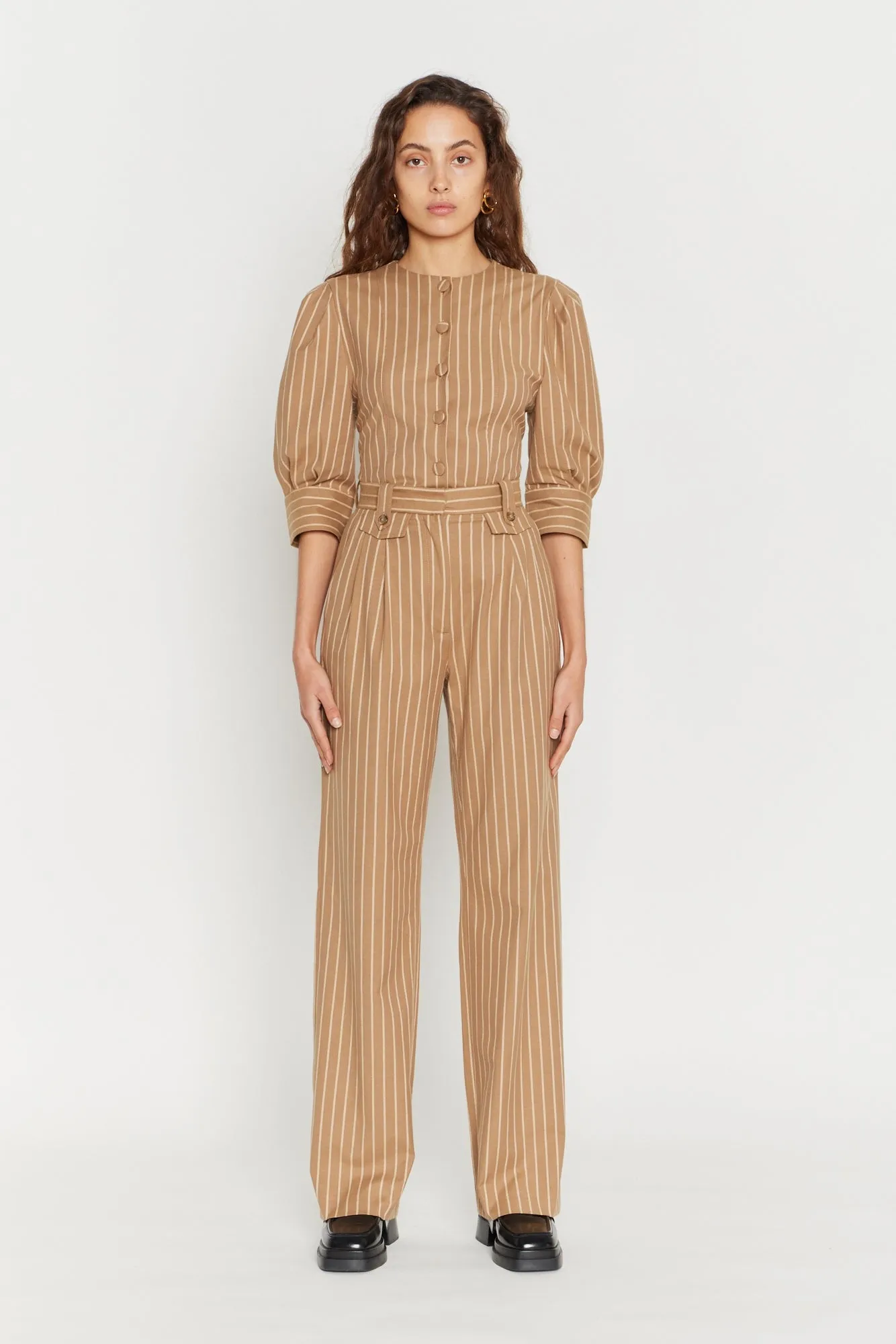 WARM SAND Striped High-Waisted Trousers sold by DESTREE
