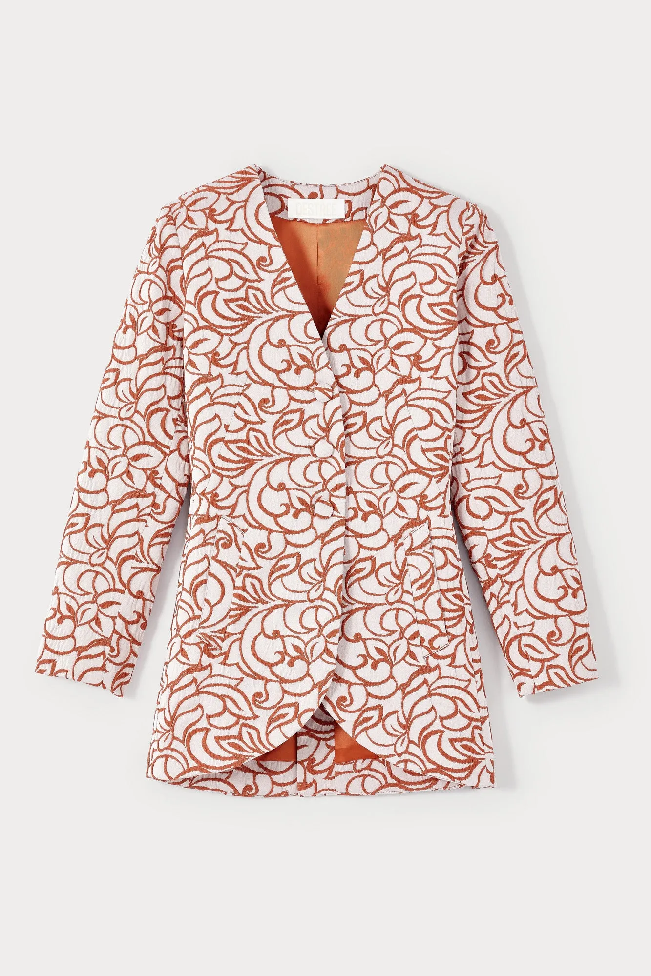 Ecru & orange striped fitted long blazer sold by DESTREE