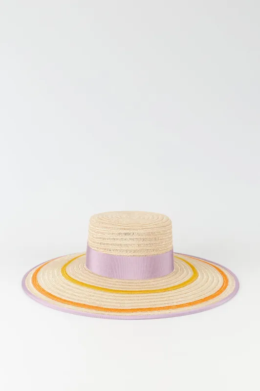 Lilac & orange striped straw boater hat made by Annie
