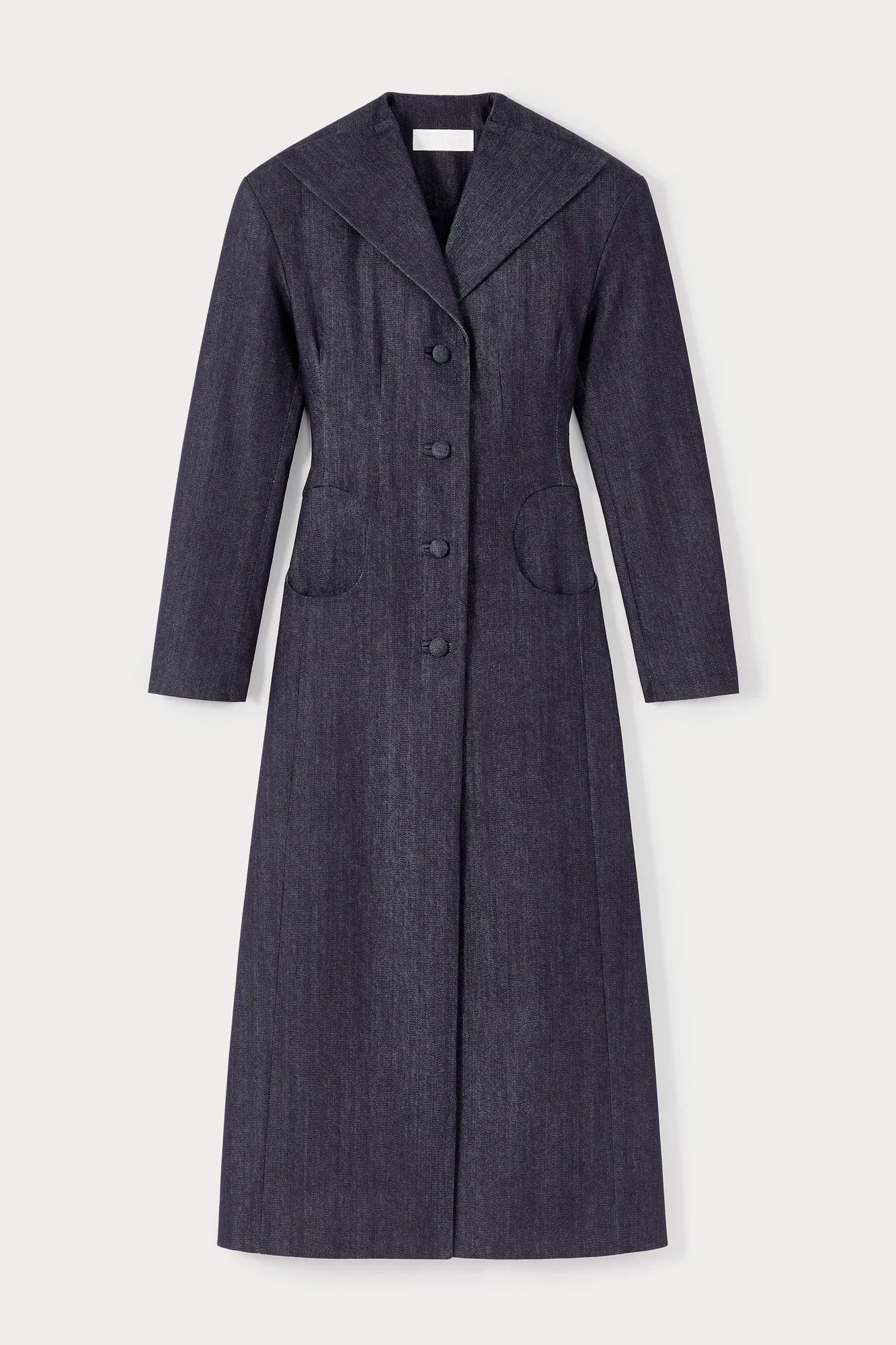 Dark denim long coat with shawl collar and button details sold by DESTREE