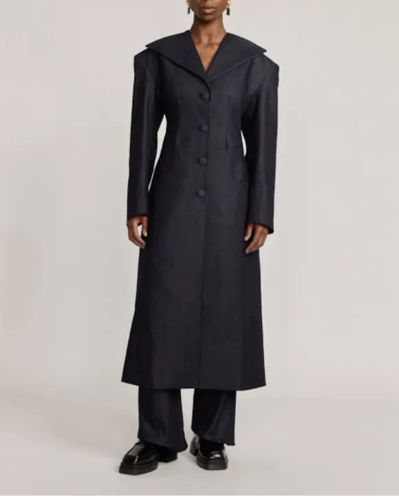 Dark denim long coat with shawl collar and button details sold by DESTREE product image thumbnail 2