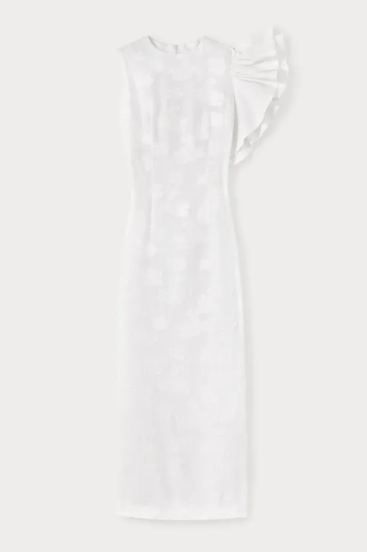 White floral dress with asymmetric ruffle detail sold by DESTREE