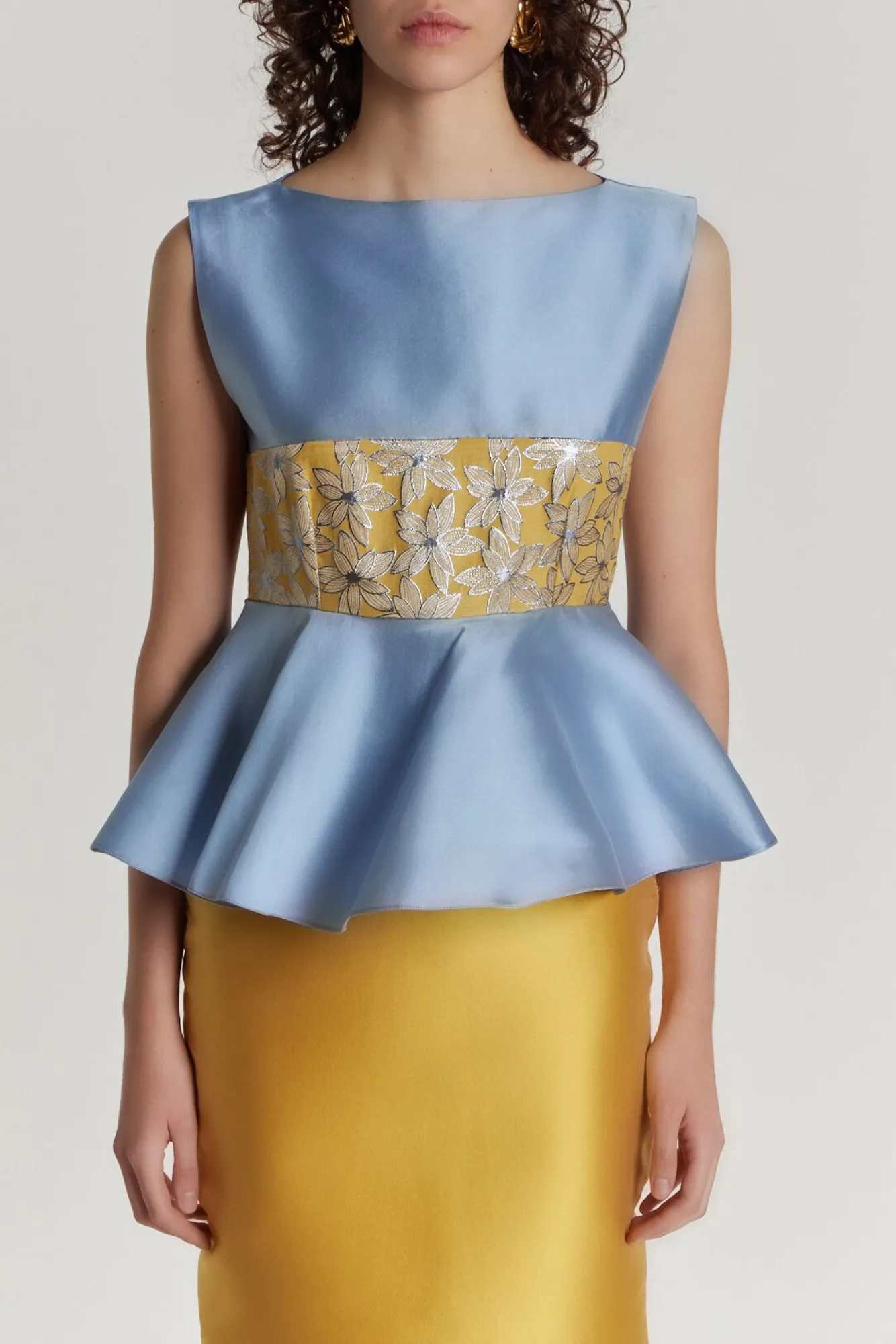 Yellow & blue lilium embroidered peplum midi dress sold by DESTREE product image thumbnail 5