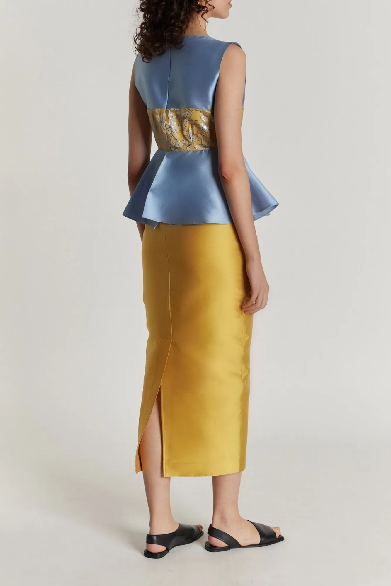 Yellow & blue lilium embroidered peplum midi dress sold by DESTREE product image thumbnail 4