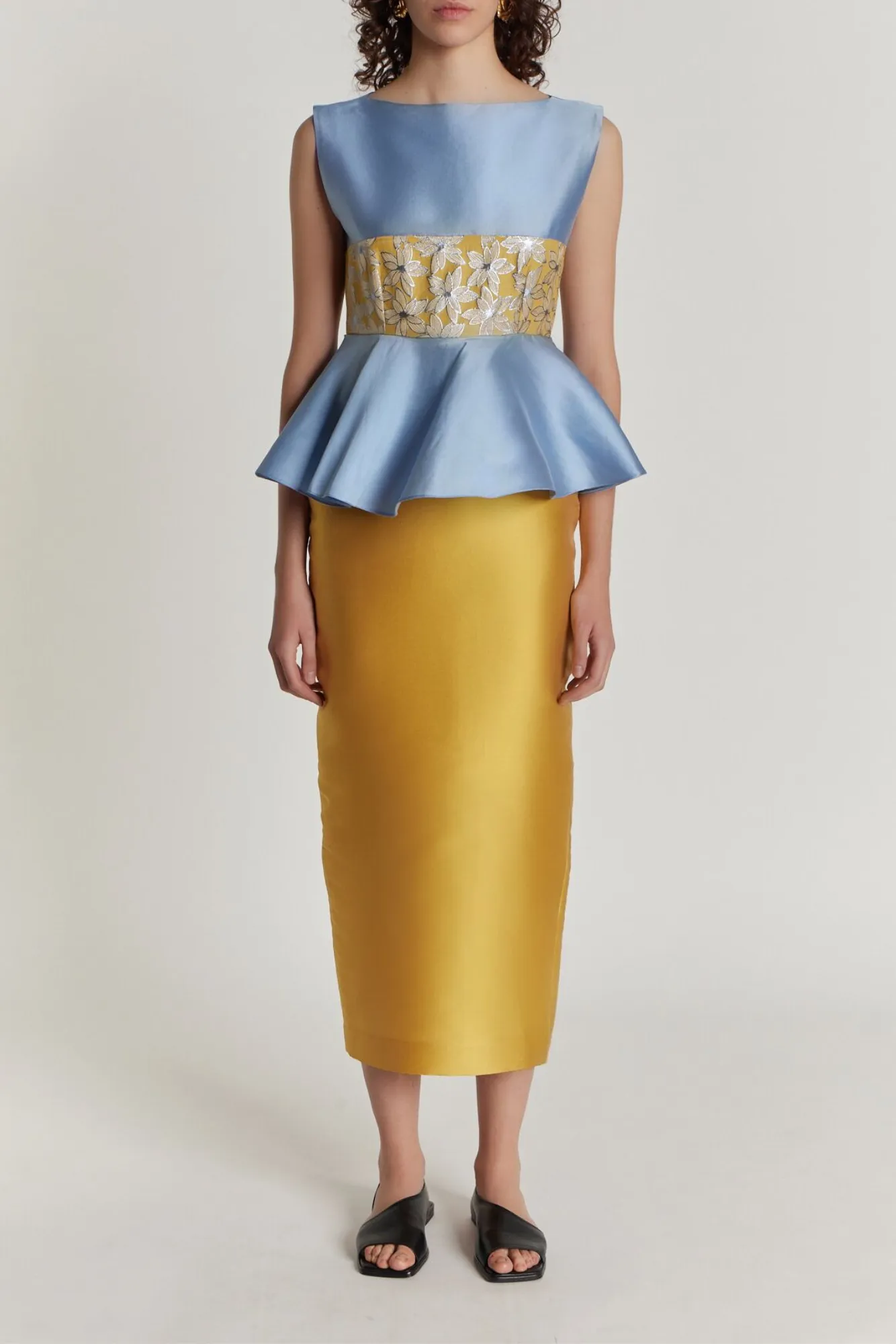 Yellow & blue lilium embroidered peplum midi dress sold by DESTREE product image thumbnail 2