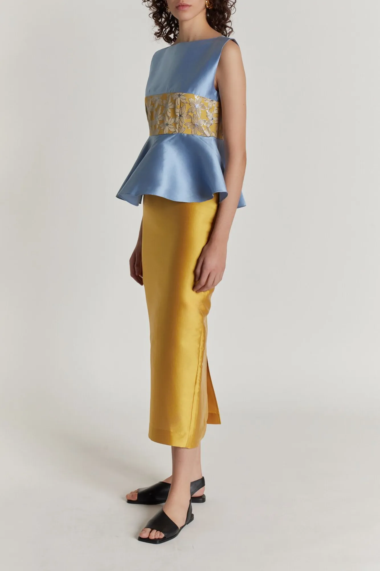 Yellow & blue lilium embroidered peplum midi dress sold by DESTREE product image thumbnail 3