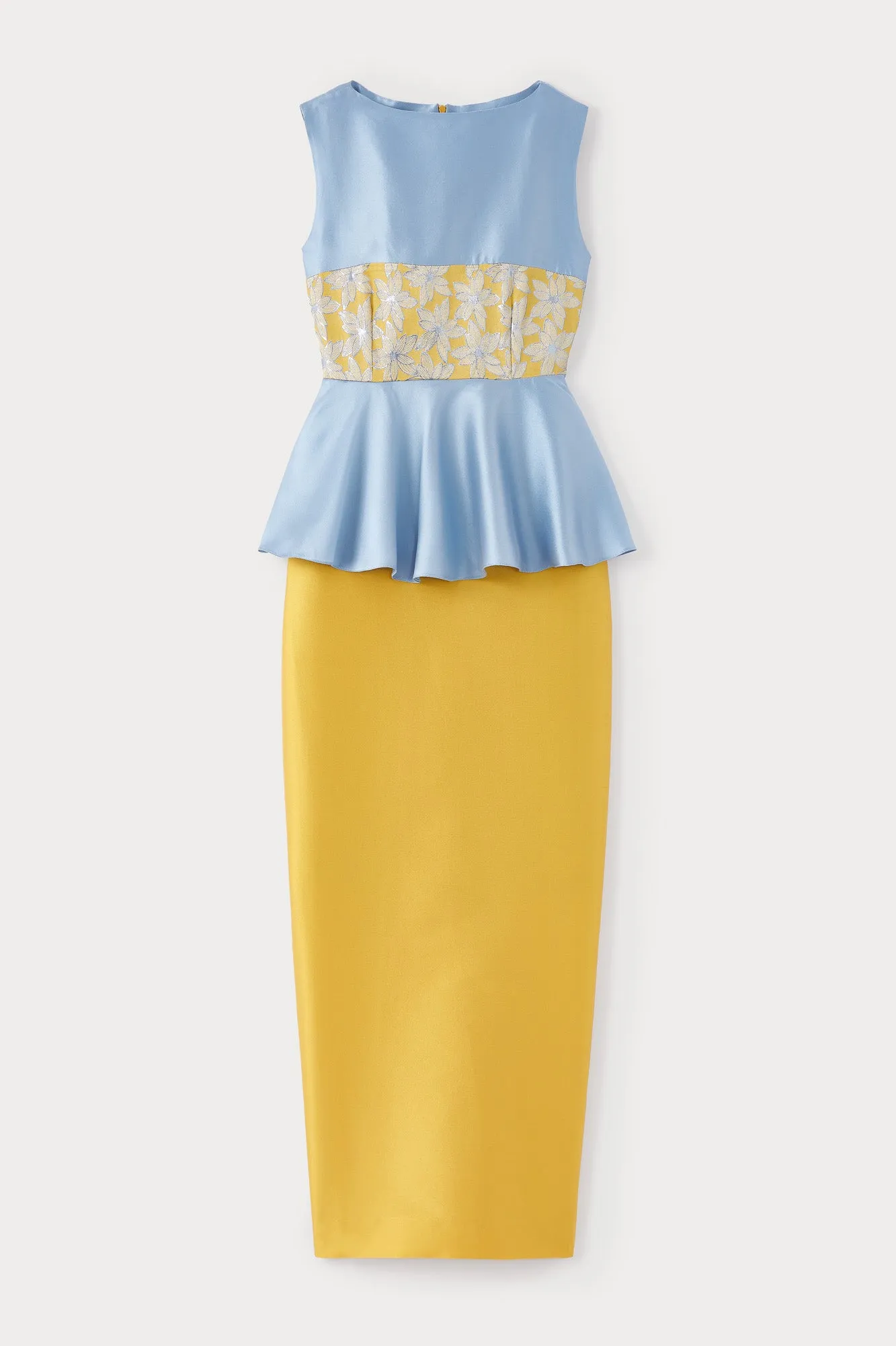 Yellow & blue lilium embroidered peplum midi dress sold by DESTREE