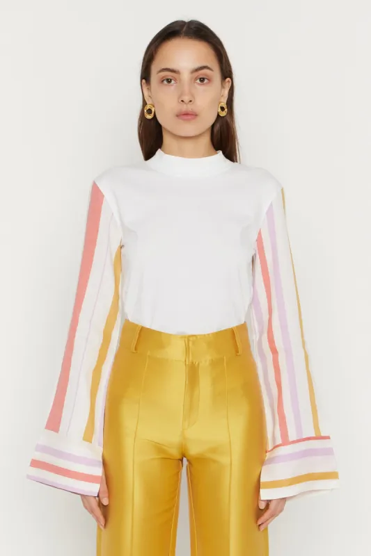 White Long-Sleeve Top with Orange & Lilac Striped Sleeves sold by DESTREE