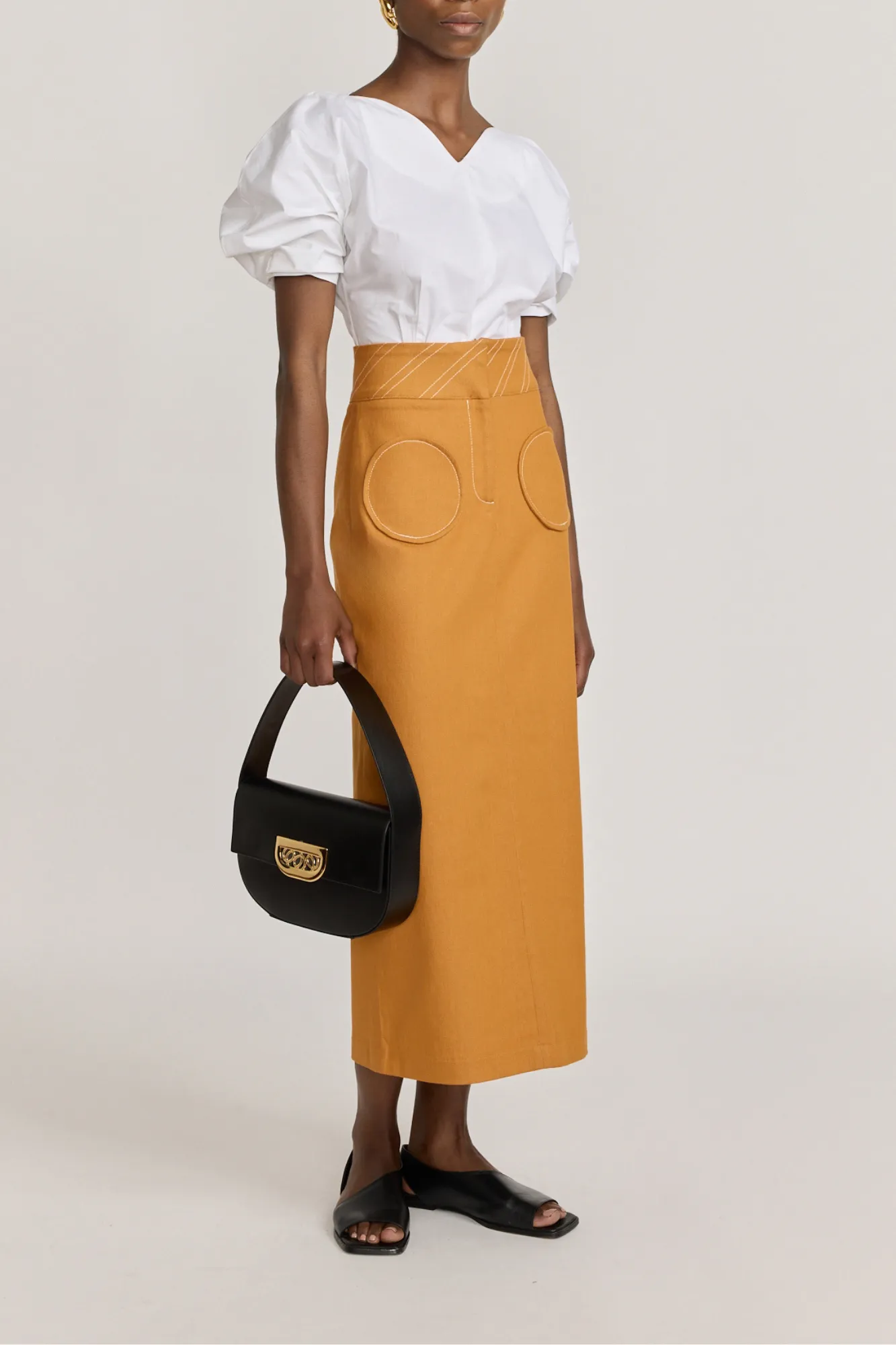 Orange denim pencil skirt with circular pockets sold by DESTREE product image thumbnail 2