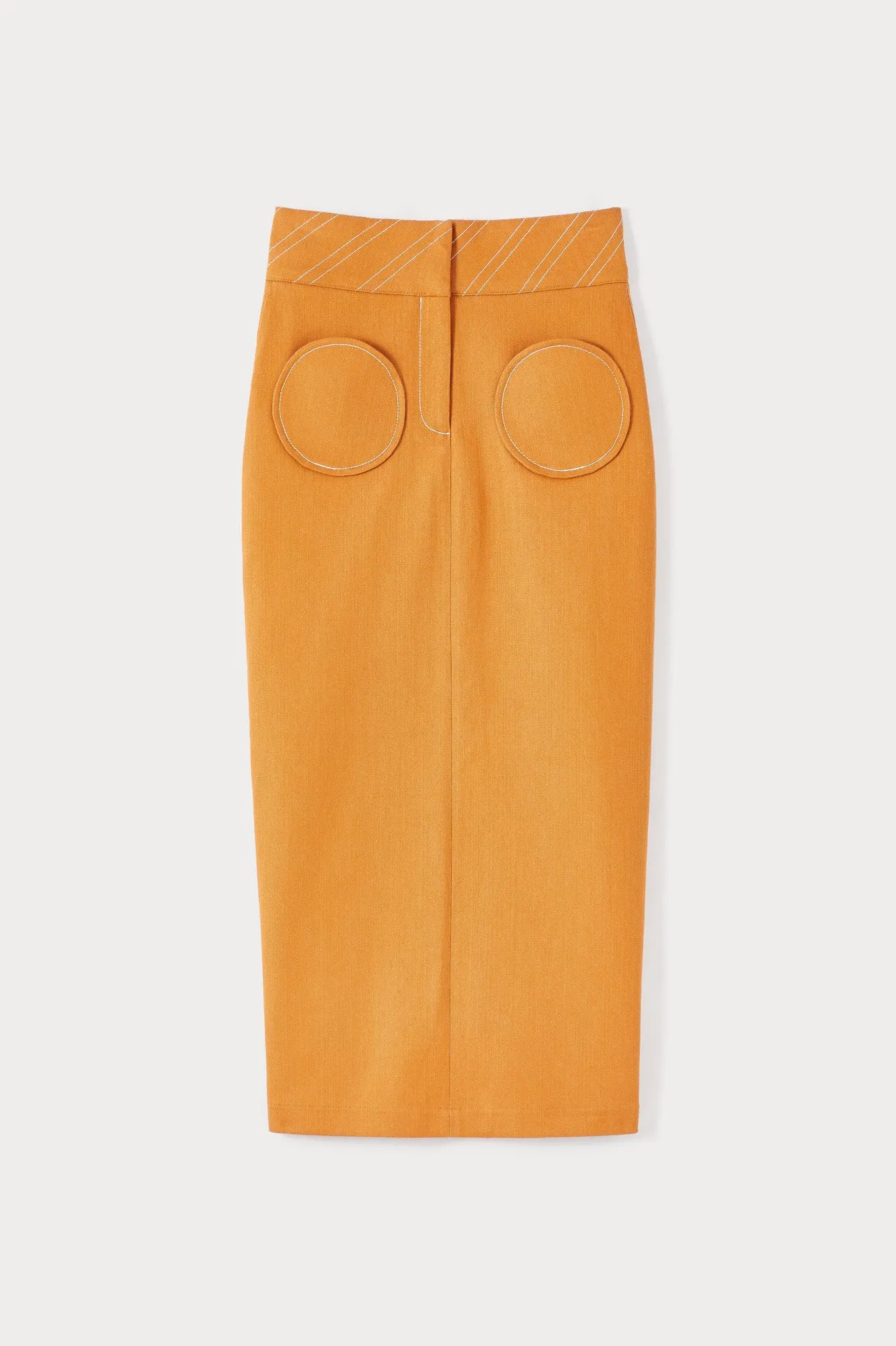 Orange denim pencil skirt with circular pockets sold by DESTREE
