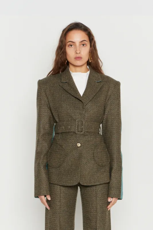 GREEN GRAPHIC WOOL BELTED BLAZER sold by DESTREE