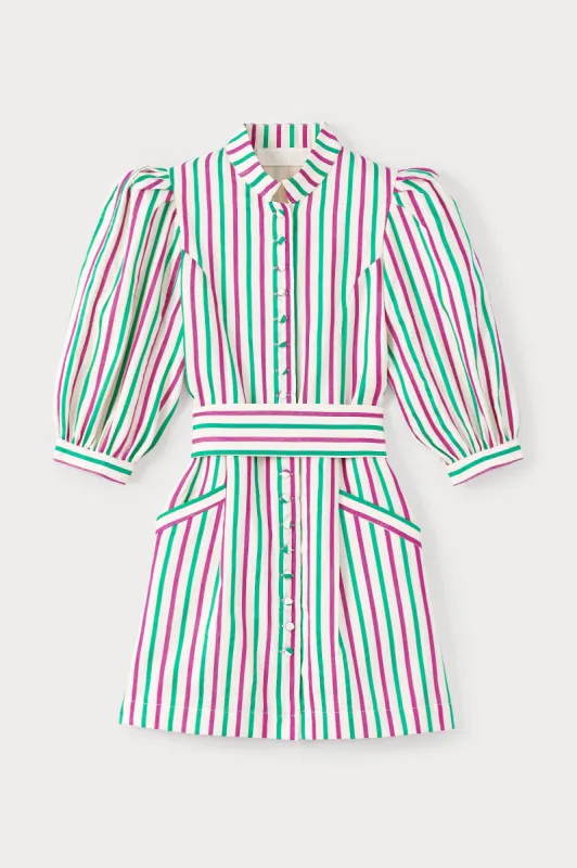 Ruby & green striped puff sleeve dress sold by DESTREE