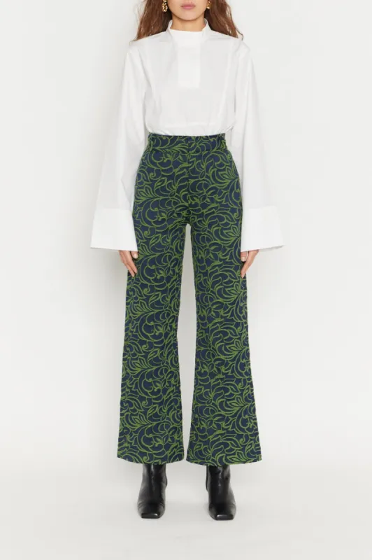 Navy & Olive Jacquard Print Flared Pants sold by DESTREE