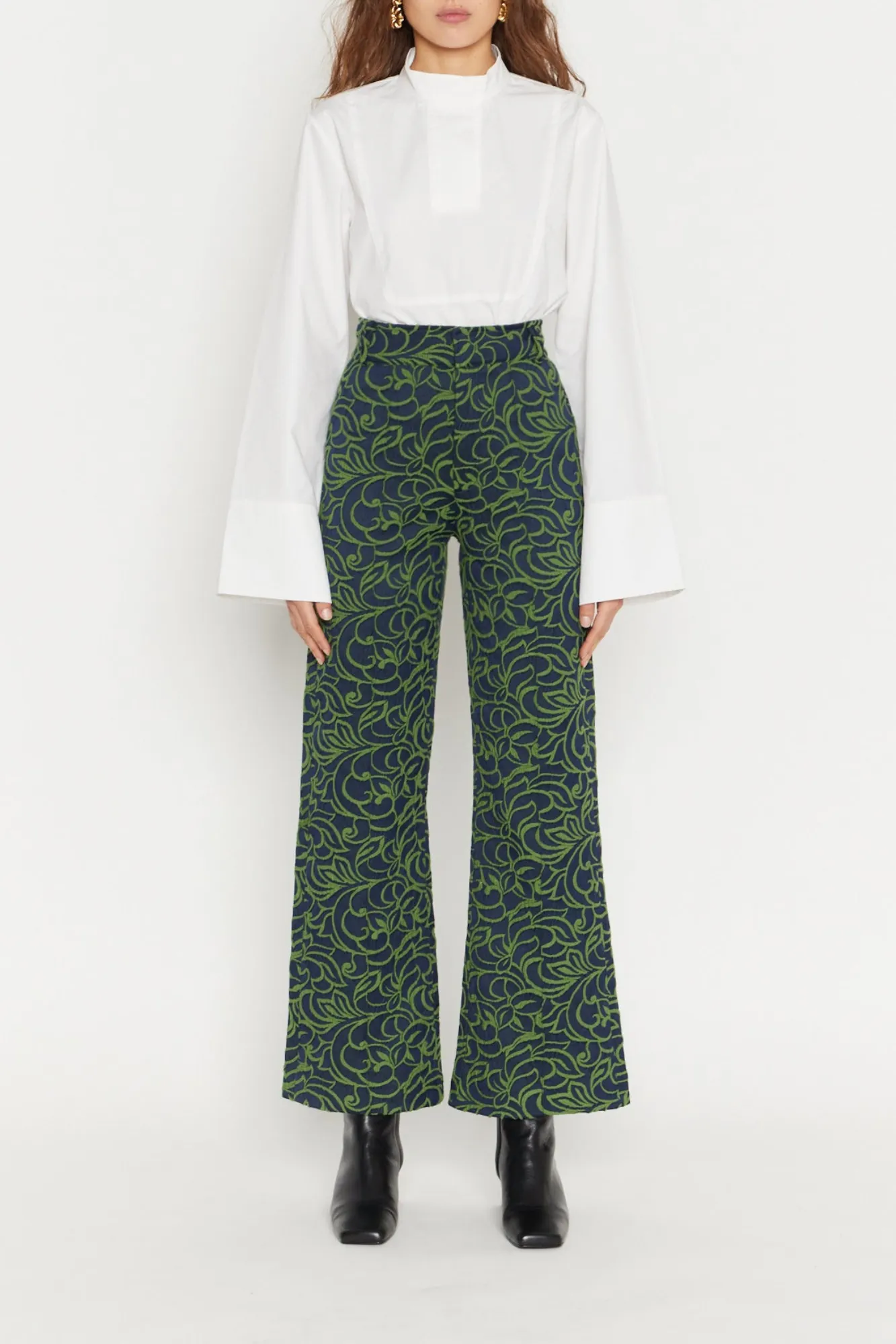 Navy & Olive Jacquard Print Flared Pants sold by DESTREE