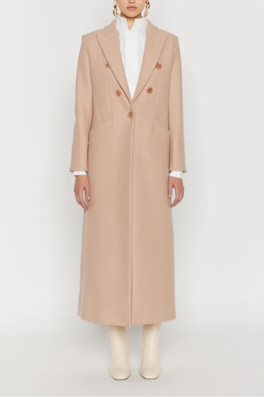 Beige long coat with wide flat collar sold by DESTREE