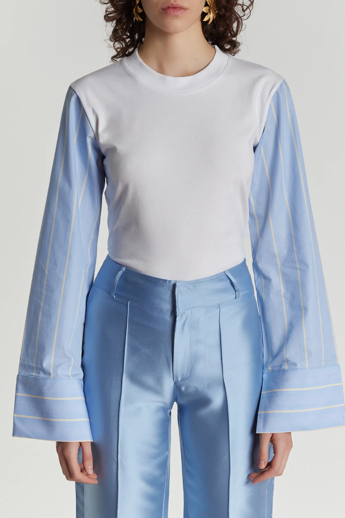 White long-sleeve top with yellow & blue striped sleeves sold by DESTREE product image thumbnail 2