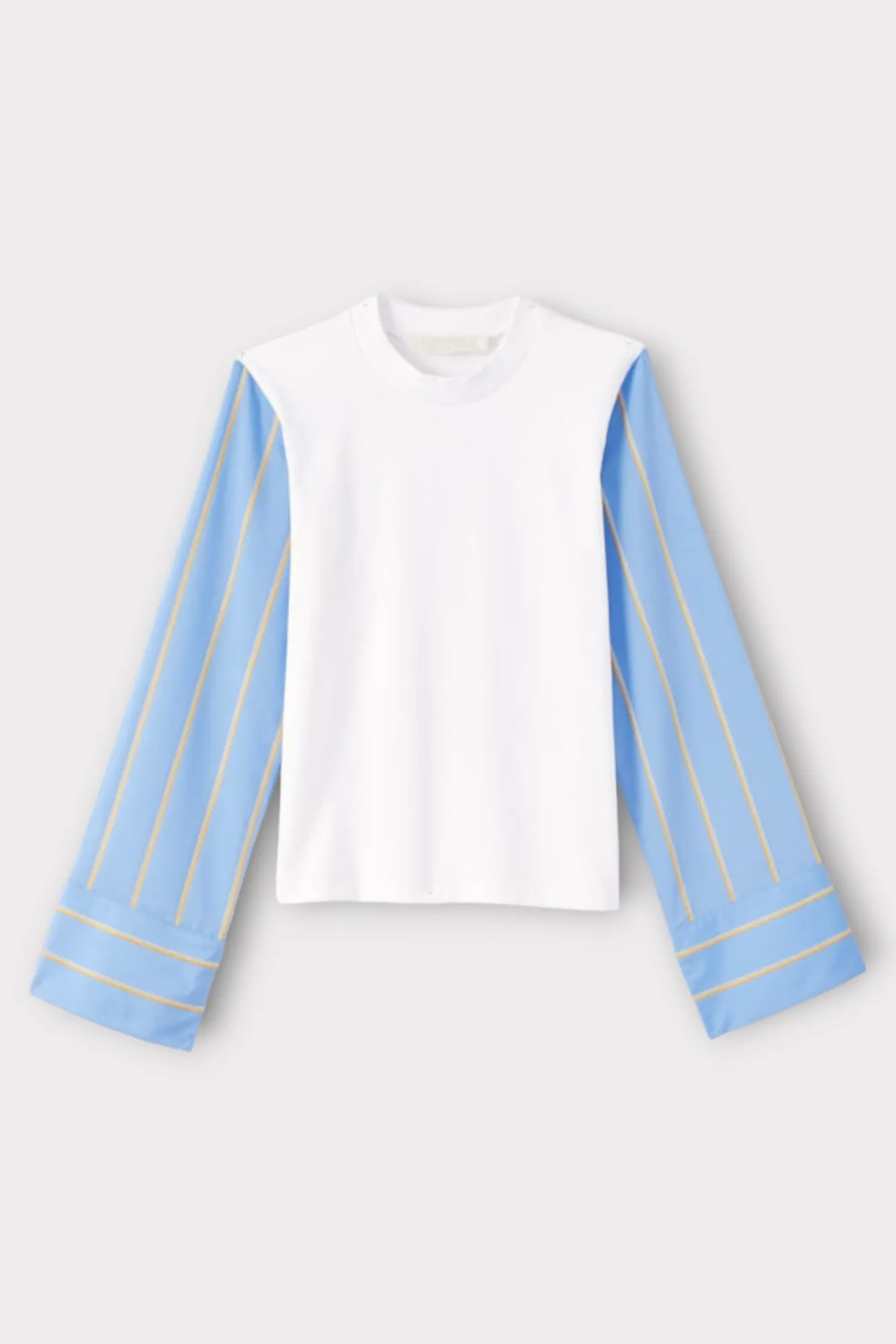 White long-sleeve top with yellow & blue striped sleeves sold by DESTREE