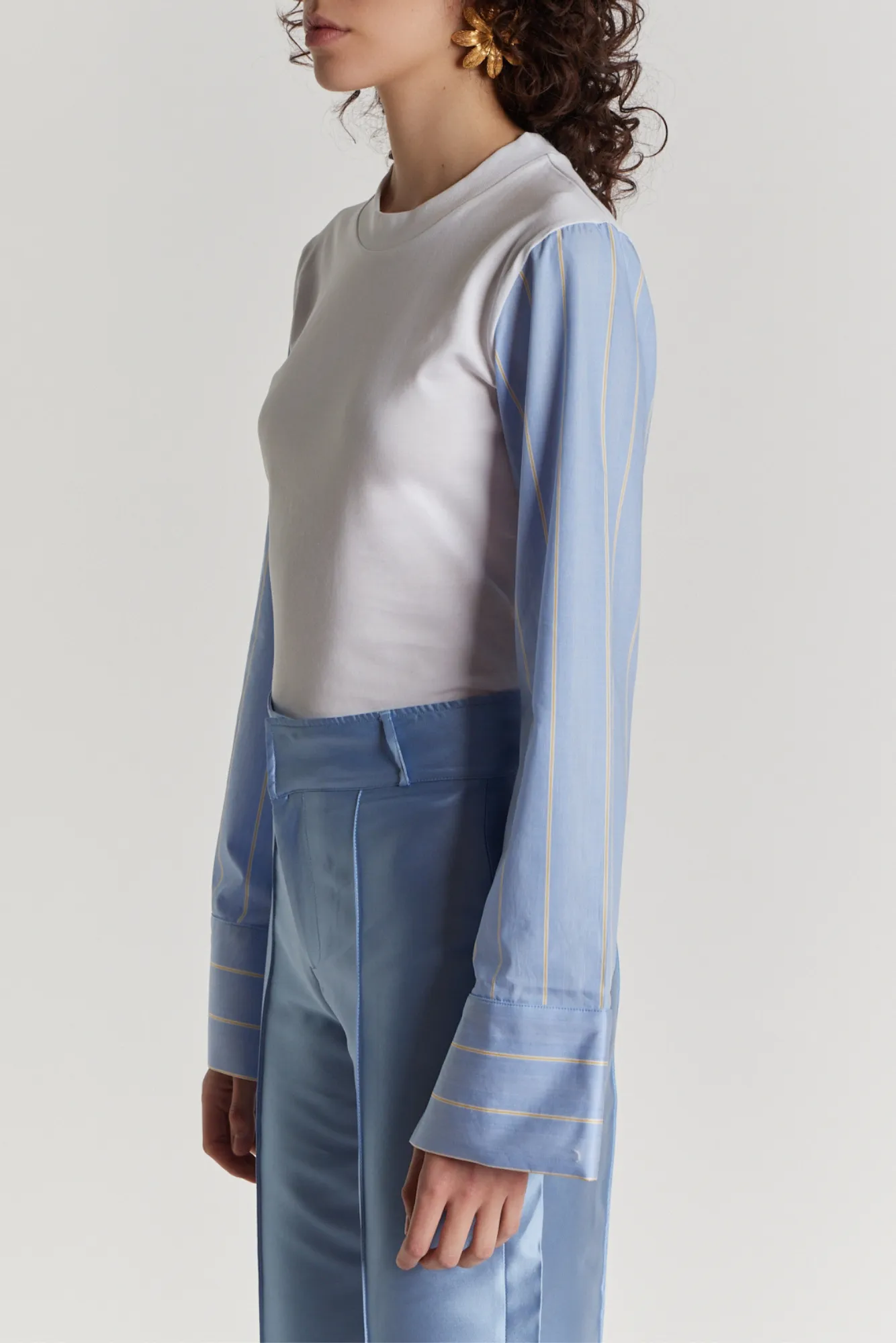 White long-sleeve top with yellow & blue striped sleeves sold by DESTREE product image thumbnail 3
