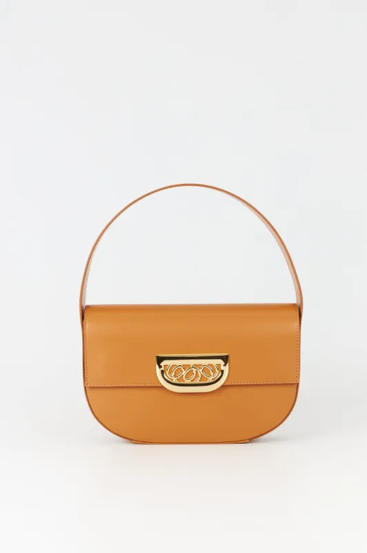 Geometric leather handbag with golden latch camel sold by DESTREE