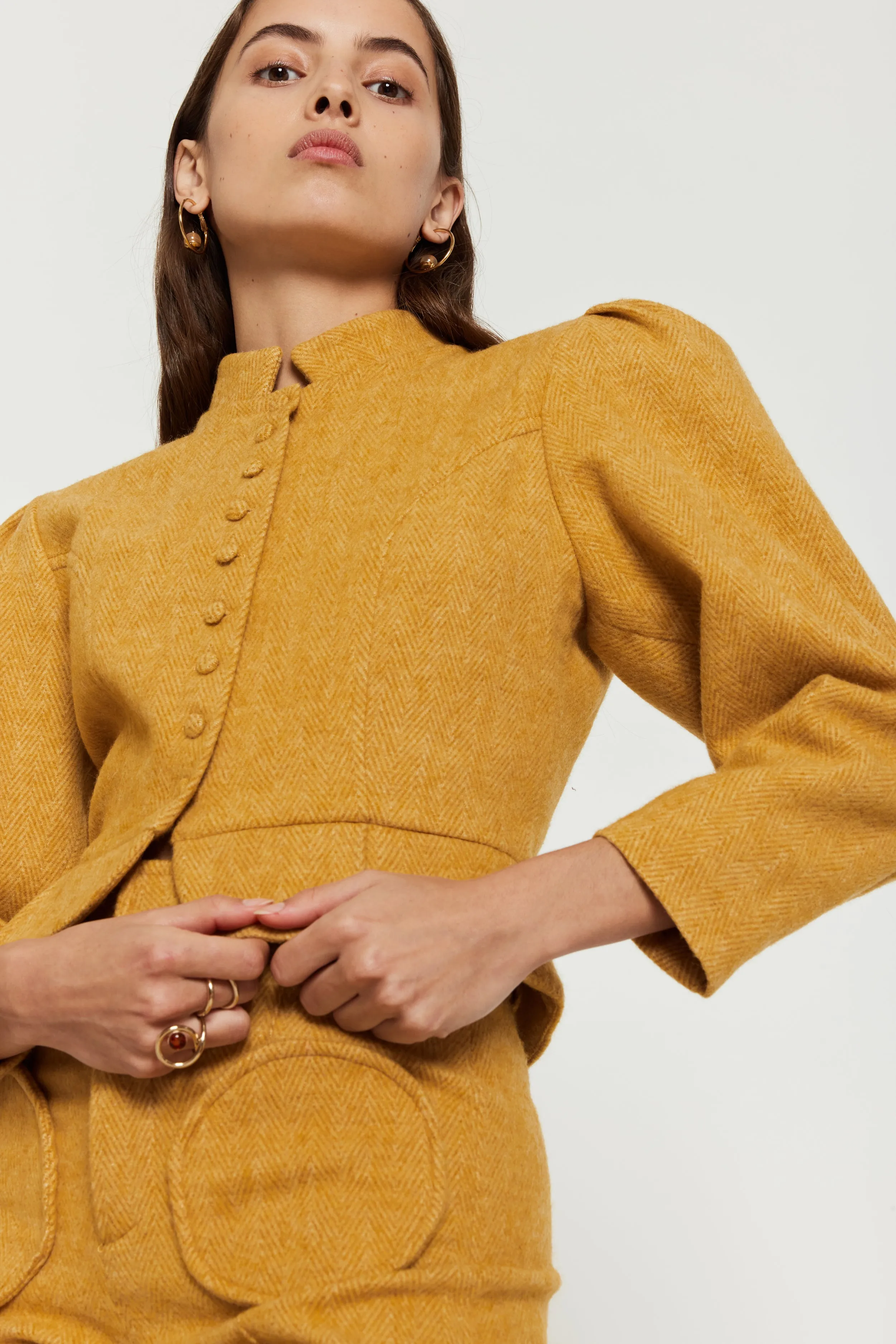 Mustard Wool Puff Sleeve Jacket sold by DESTREE