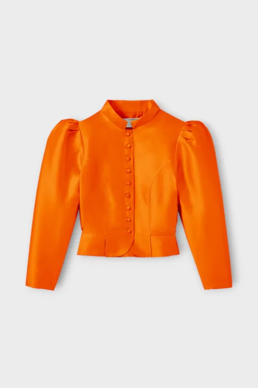 Orange satin puff sleeve jacket sold by DESTREE
