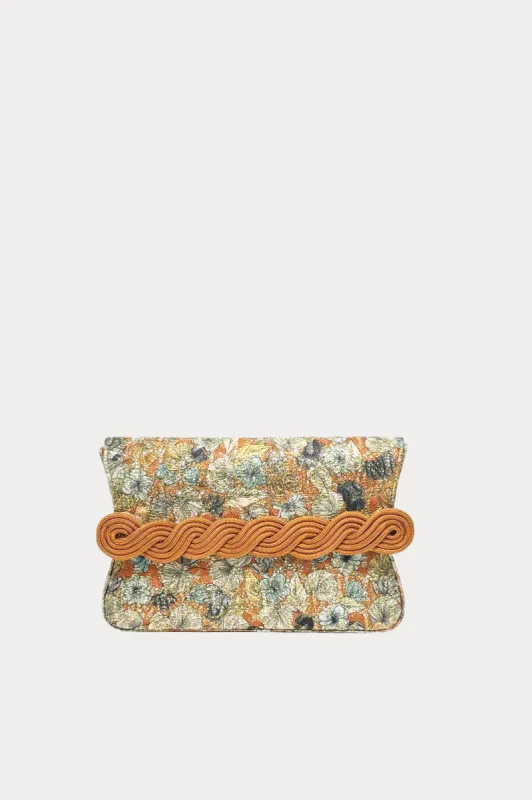 Golden floral clutch with braided passementerie s made by DESTREE