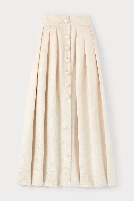 Rose jacquard ecru & gold maxi skirt with button detail sold by DESTREE