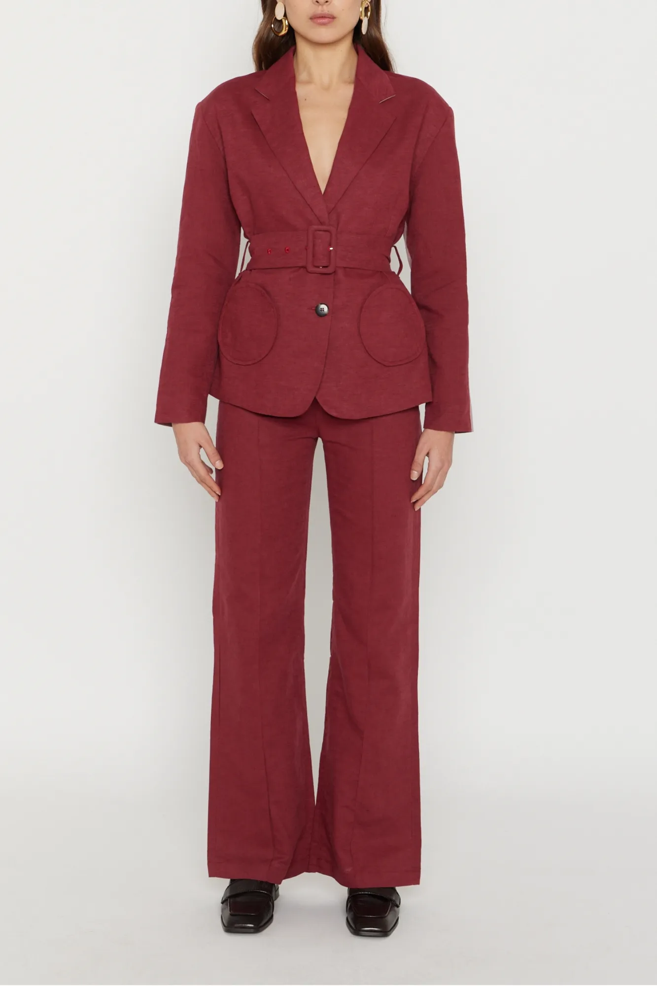 BURGUNDY & LILAC Belted Blazer sold by DESTREE