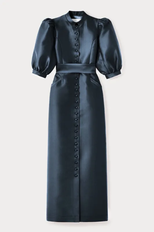 Slate Grey Satin Puff Sleeve Maxi Dress made by DESTREE