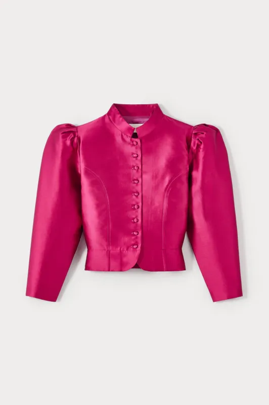 Fuchsia satin puff sleeve jacket sold by DESTREE