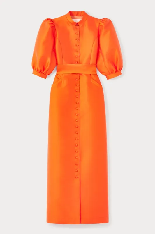 Orange satin puff sleeve maxi dress made by DESTREE