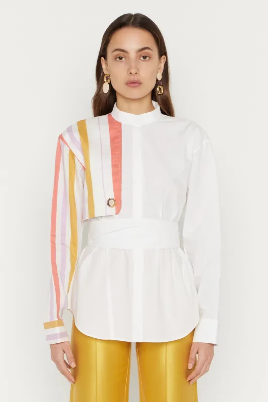 White Shirt with Orange & Lilac Sleeve sold by DESTREE