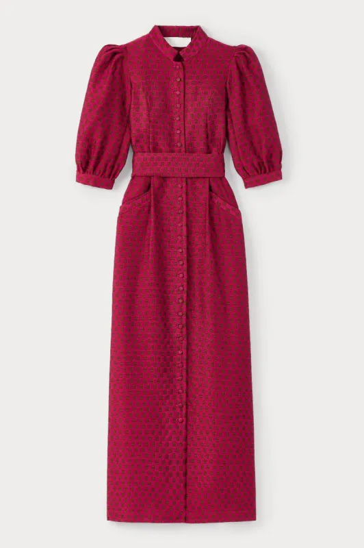 Fuchsia & brown check puff sleeve maxi dress sold by DESTREE