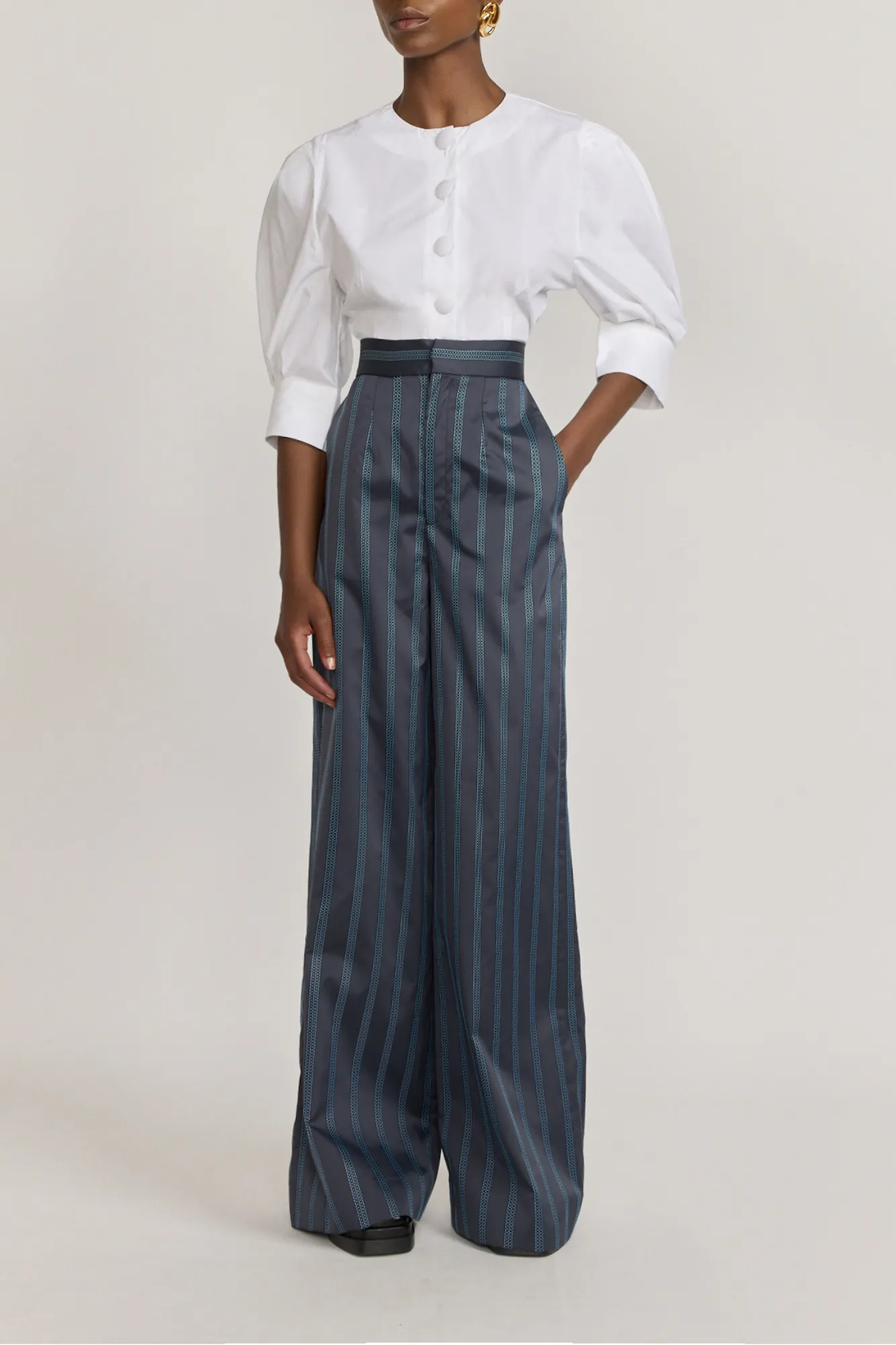 Satin striped black & celeste pants sold by DESTREE product image thumbnail 3