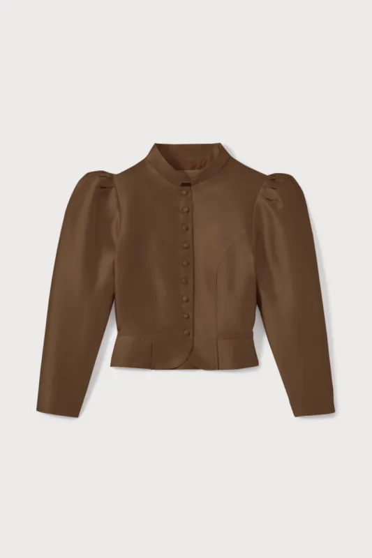 Capuccino satin puff sleeve jacket sold by DESTREE