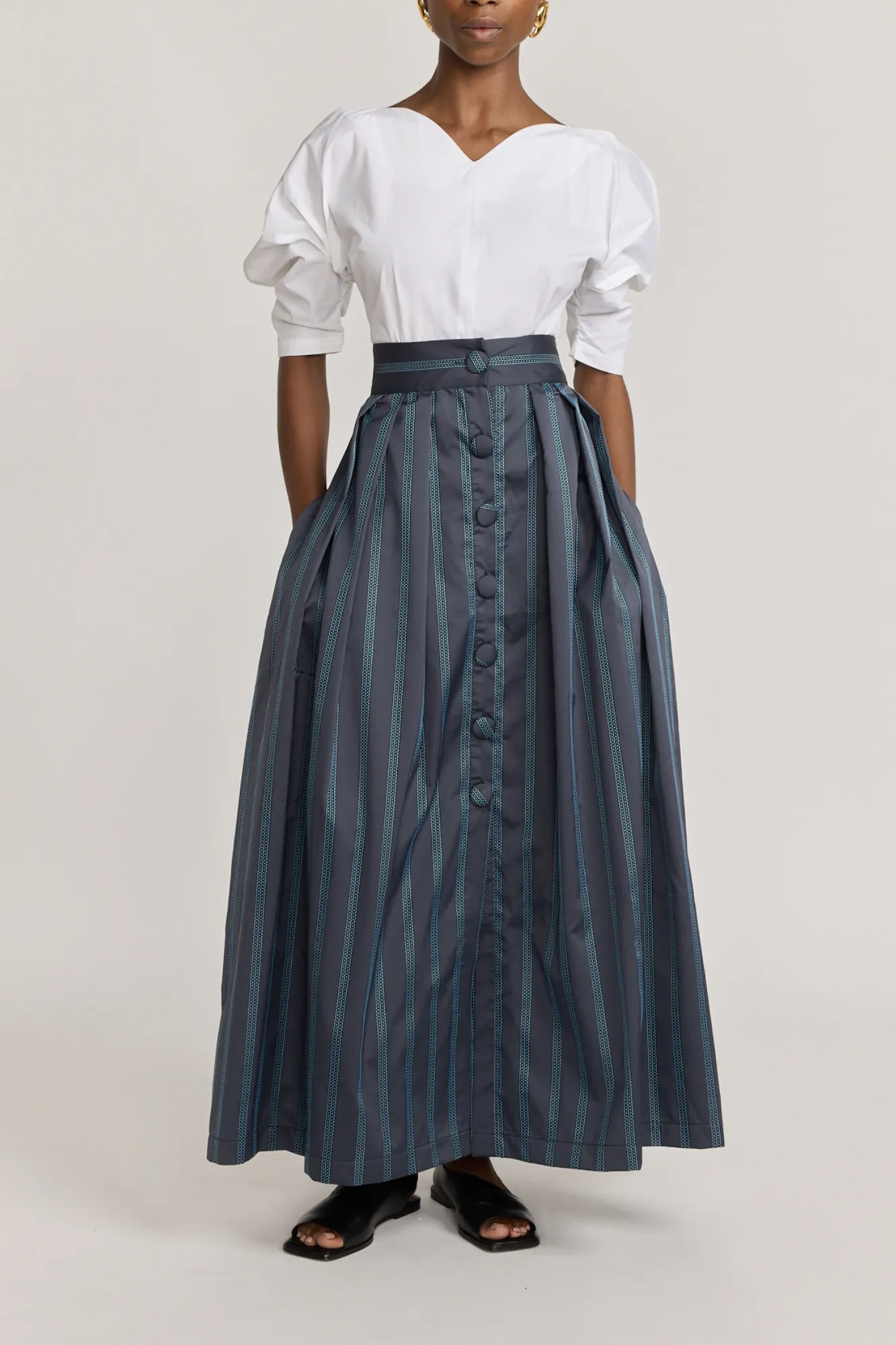 Black & celeste satin striped maxi skirt with button detail sold by DESTREE product image thumbnail 3