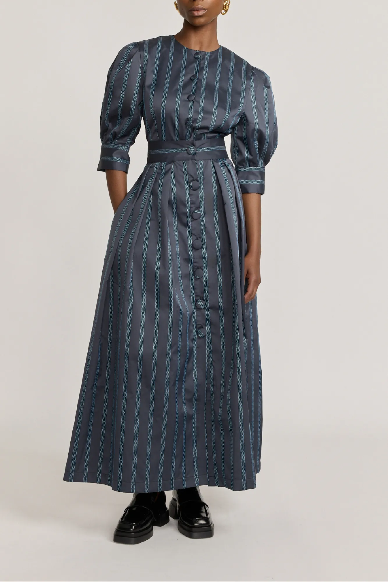 Black & celeste satin striped maxi skirt with button detail sold by DESTREE product image thumbnail 4