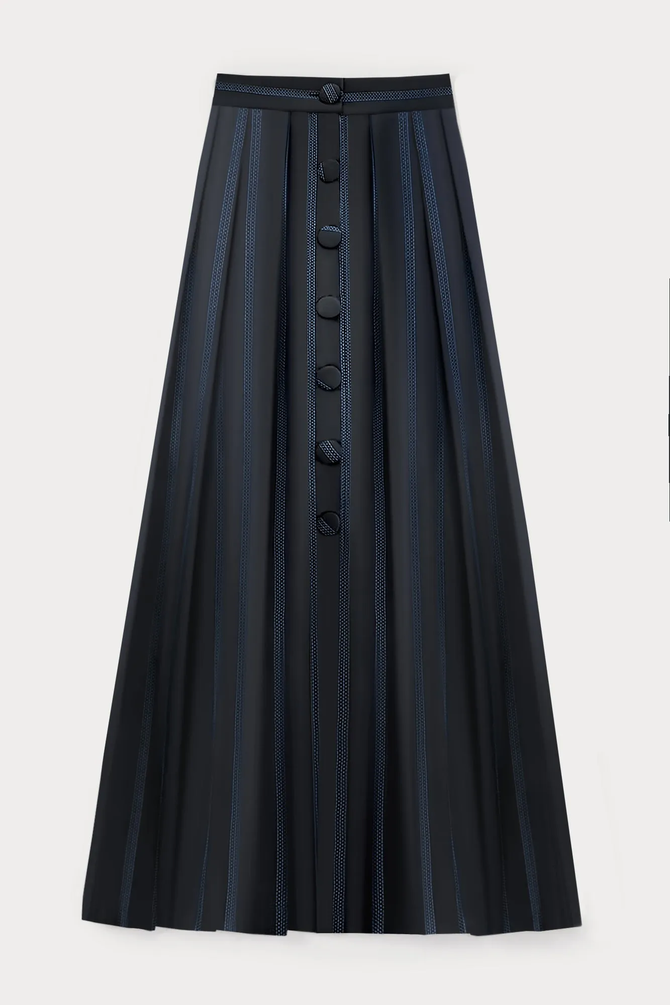 Black & celeste satin striped maxi skirt with button detail sold by DESTREE