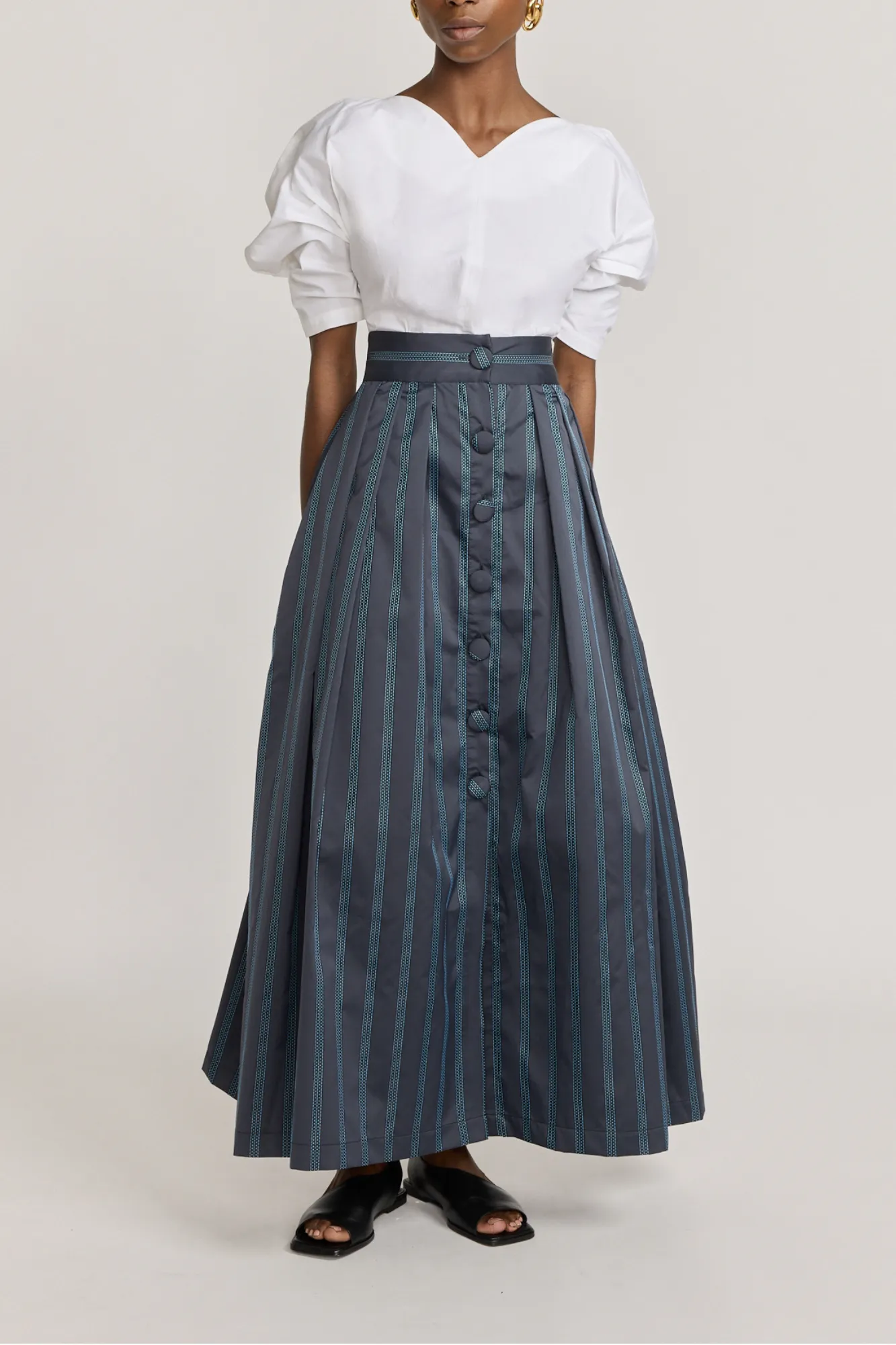Black & celeste satin striped maxi skirt with button detail sold by DESTREE product image thumbnail 2