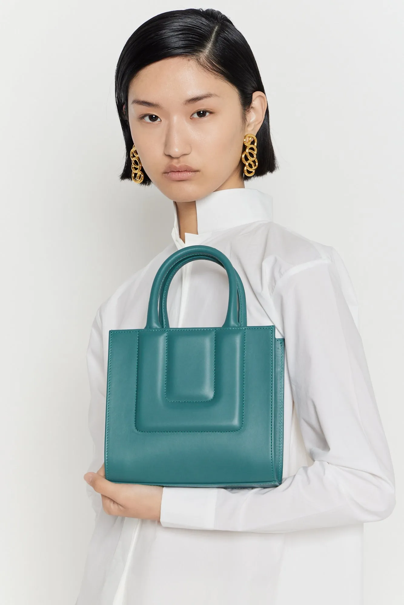 Peacock blue leather structured mini tote sold by DESTREE product image thumbnail 3