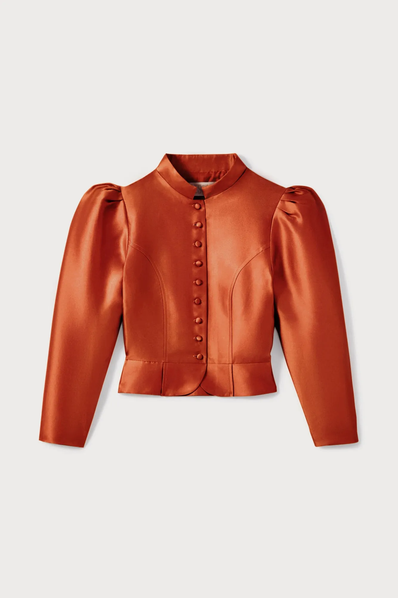 Terracotta satin puff sleeve jacket sold by DESTREE