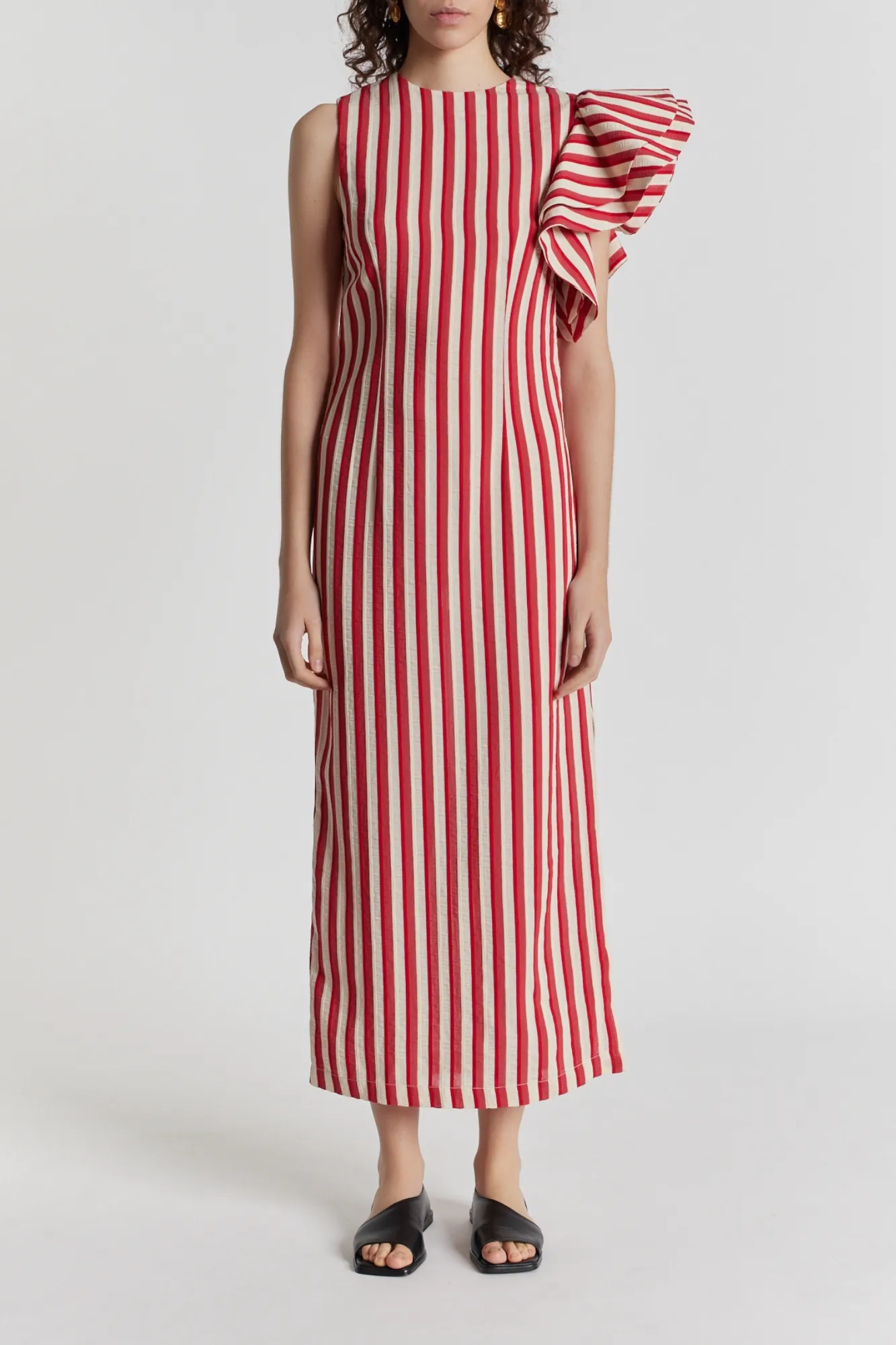 RED & ECRU Striped Dress with Asymmetric Ruffle Detail sold by DESTREE product image thumbnail 2