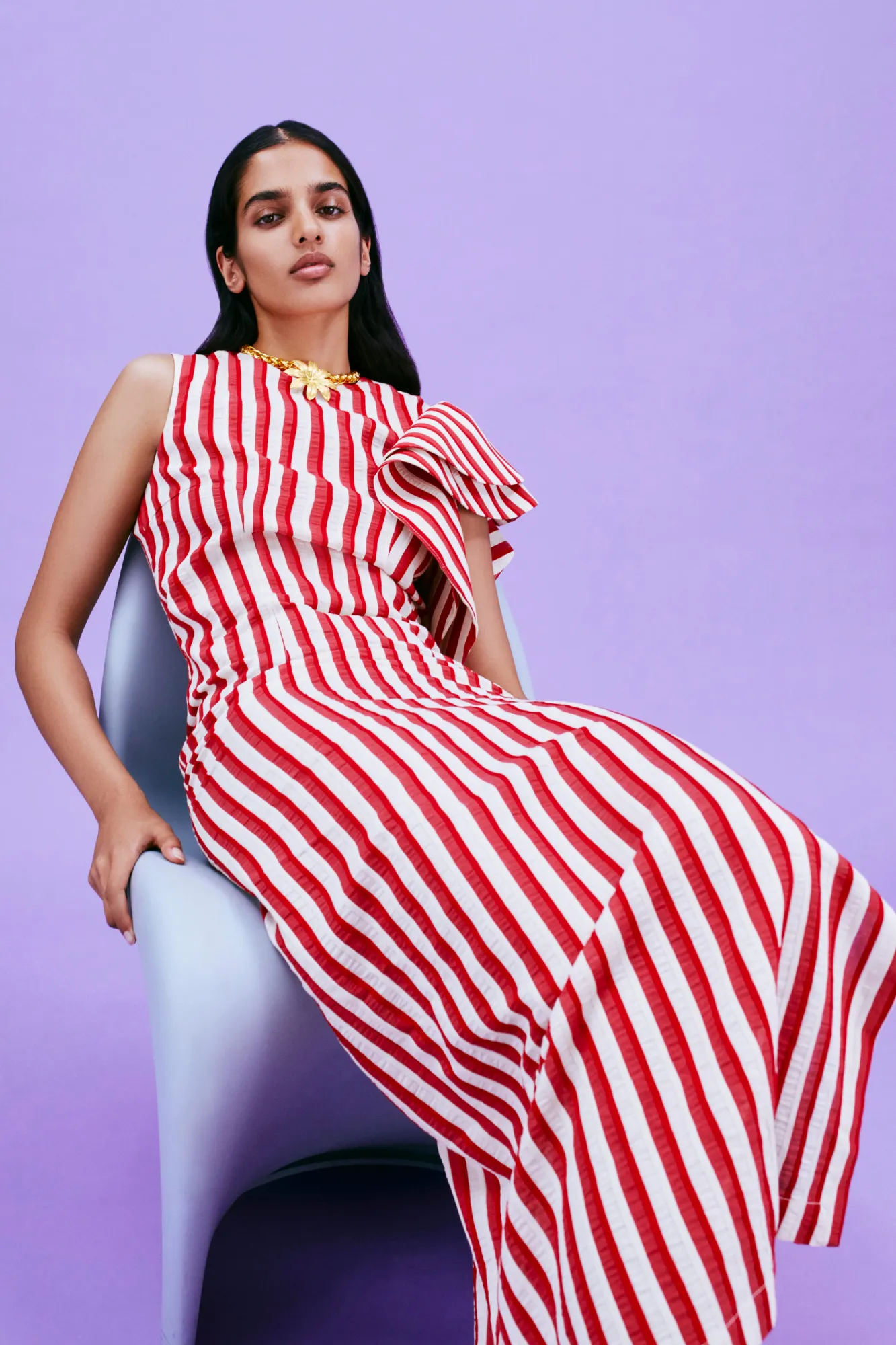 RED & ECRU Striped Dress with Asymmetric Ruffle Detail sold by DESTREE product image thumbnail 4