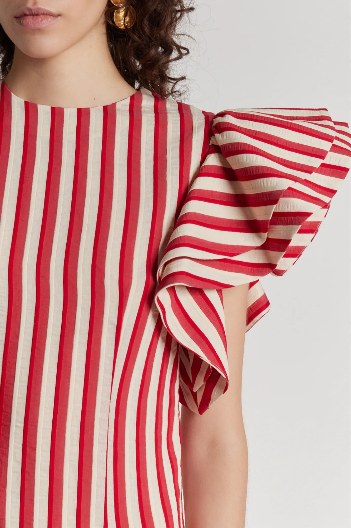 RED & ECRU Striped Dress with Asymmetric Ruffle Detail sold by DESTREE product image thumbnail 3