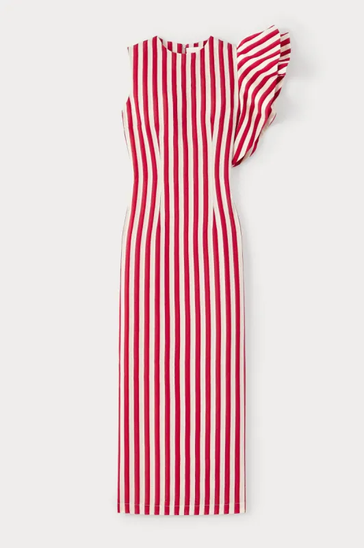 RED & ECRU Striped Dress with Asymmetric Ruffle Detail sold by DESTREE